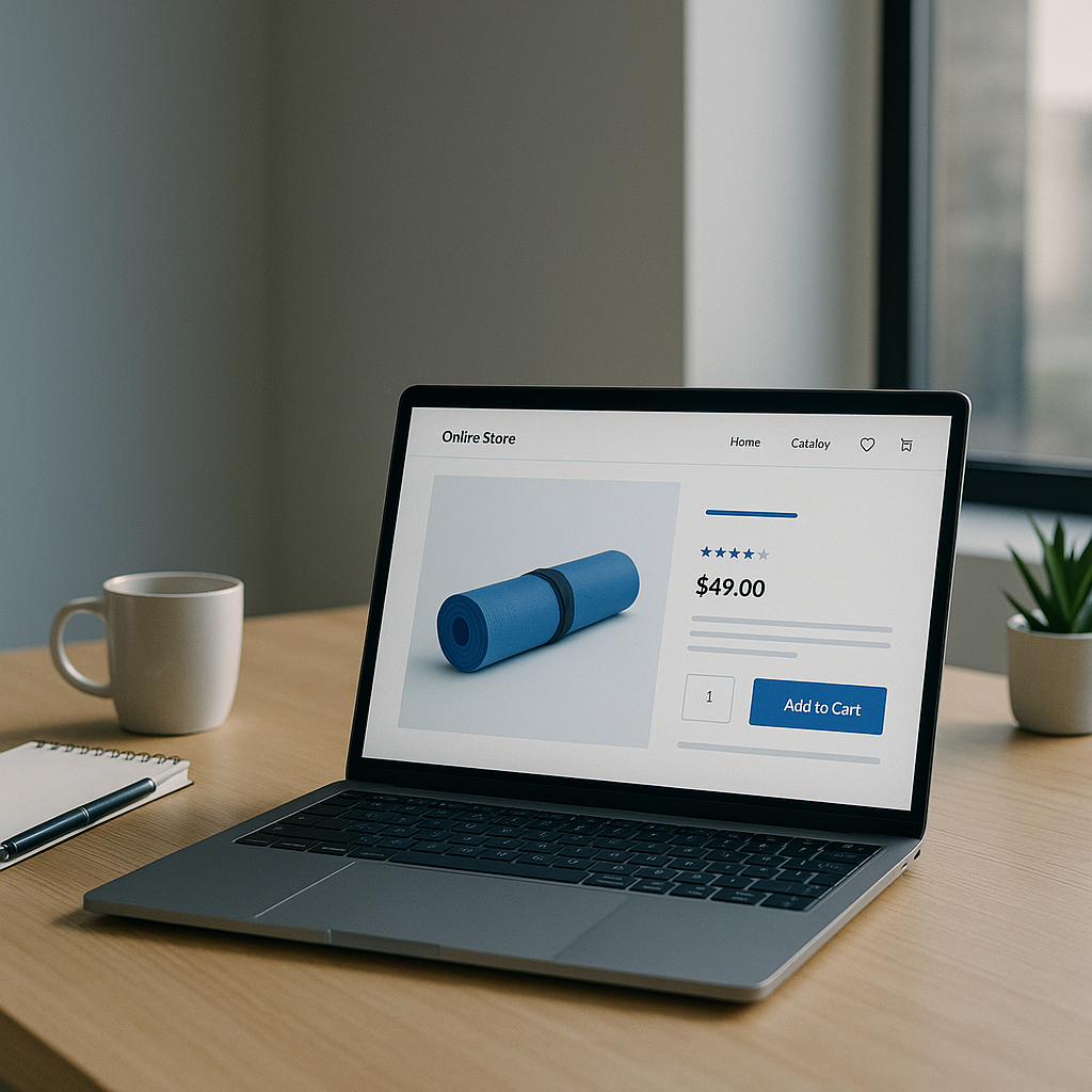 A minimalist workspace with a laptop open to a Shopify product page showing a blue yoga mat, placed on a wooden desk with a coffee mug, notebook, and small plant by the window in soft daylight